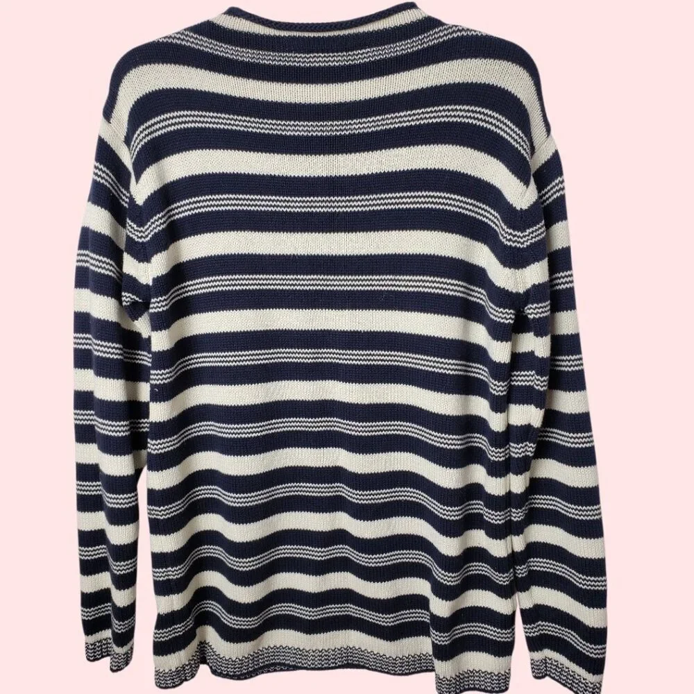 Laura Ashley Striped Cotton Sweater Button Shoulder Womens Navy/White Medium - Picture 2 of 12